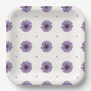 Purple daisy flowers polka dots fun botanical pape paper plates