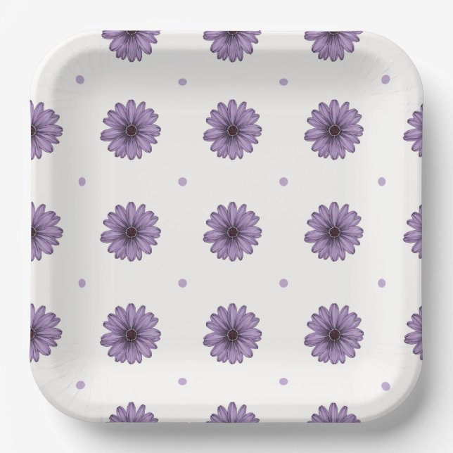 Purple daisy flowers polka dots fun botanical pape paper plates (Front)