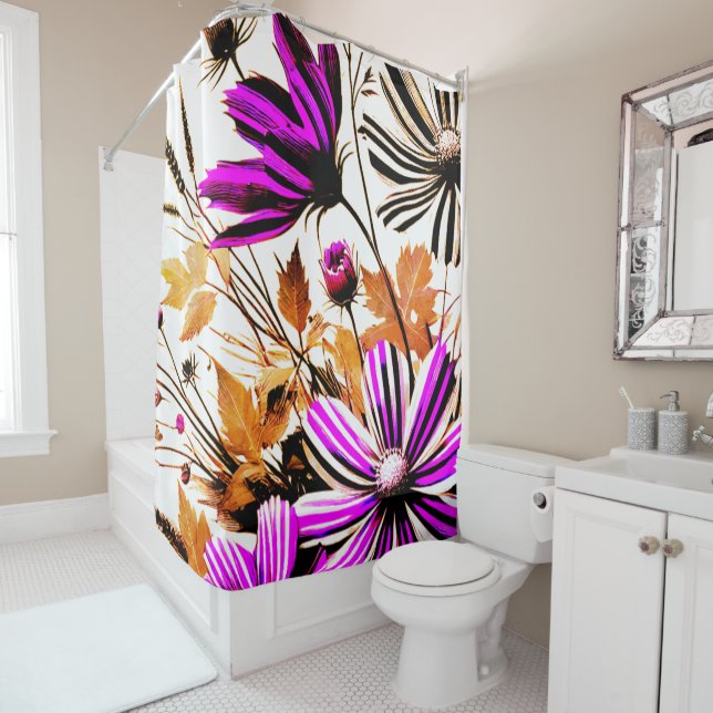 Purple Daisy Flowers Striking Botanical Pattern Shower Curtain (In Situ)