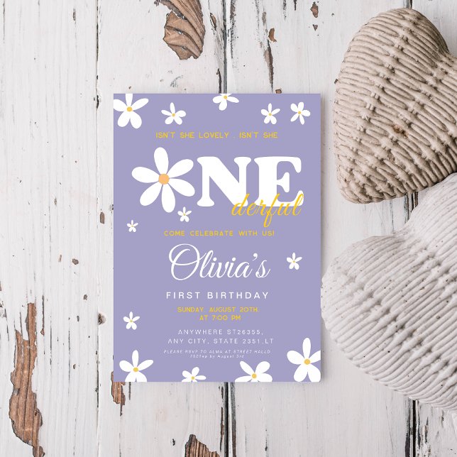 Purple daisy Isn't She Onederful 1st Birthday Invitation (Creator Uploaded)