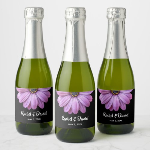 Purple Daisy on Black Mini Sparkling Wine Label