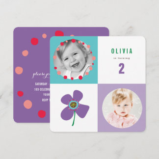 Purple Daisy Pop Square Girl Birthday Photo Invite