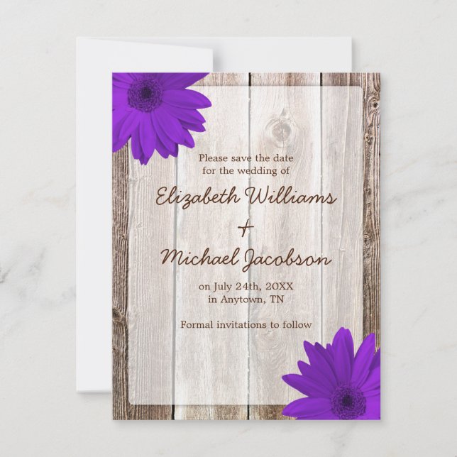 Purple Daisy Rustic Barn Save the Date (Front)