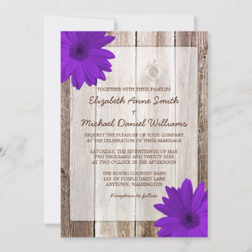 Purple Daisy Rustic Barn Wood Wedding Invites