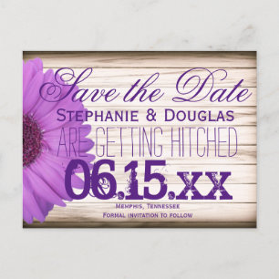 Purple Daisy Rustic Wood Save the Date Postcards