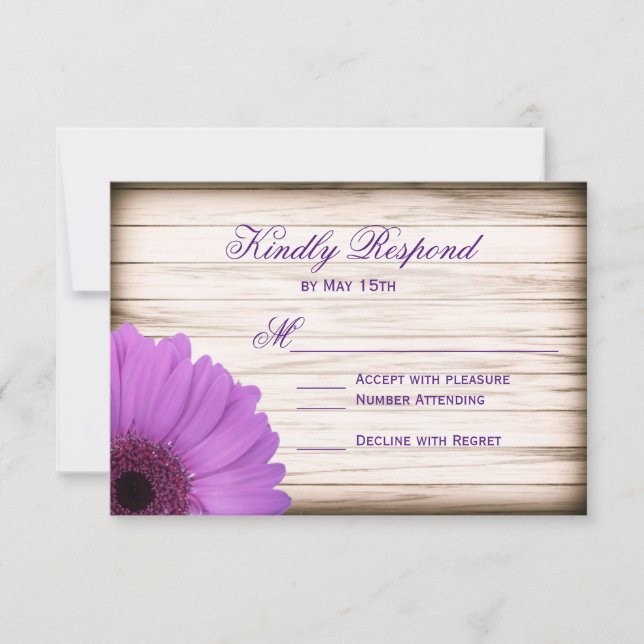 Purple Daisy Rustic Wood Wedding RSVP Cards (Front)