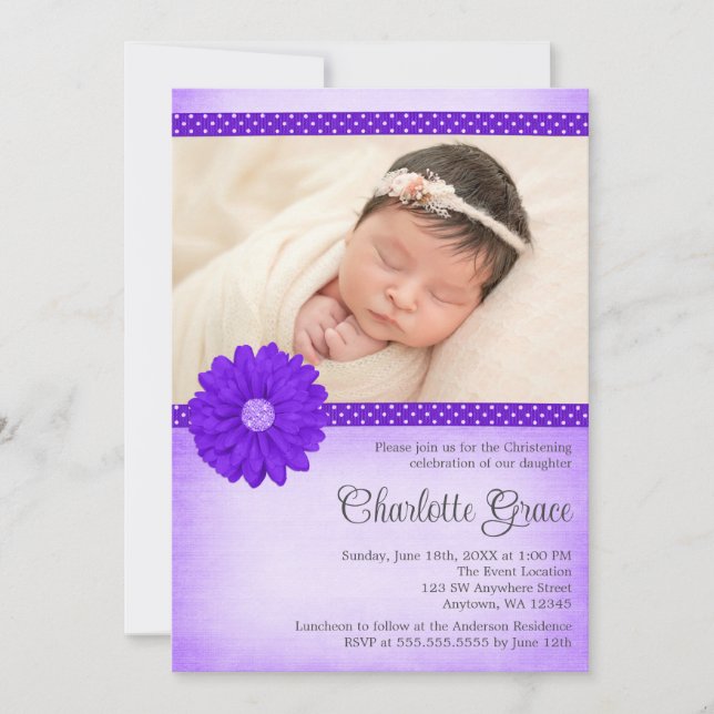 Purple Daisy Sparkle Photo Baptism Christening Invitation (Front)
