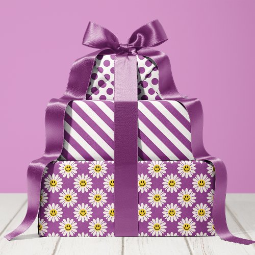 Purple Daisy Striped And Polka Dot Wrapping Paper Sheets