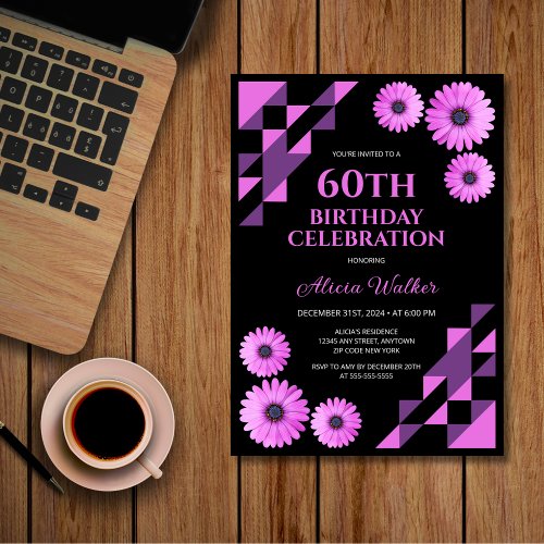 Purple Daisy Triangle Geometric Black Birthday  Invitation