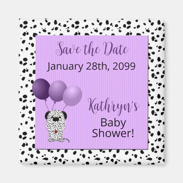 Purple Dalmatian Baby Shower Save the Date Magnet (Front)