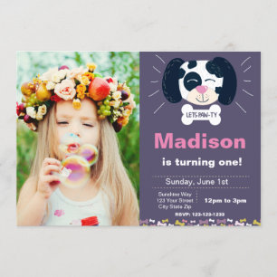 Purple Dalmatian Birthday Invitation with Photo