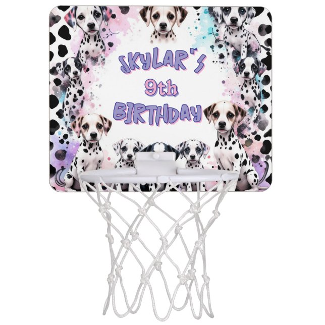 Purple Dalmatian Puppy Watercolor Birthday  Mini Basketball Hoop (Front)