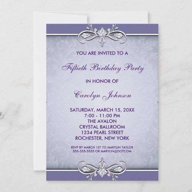 Purple Damask 50th Birthday Party Invitation (Front)