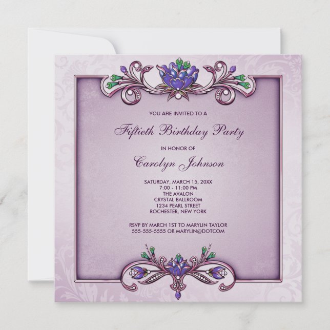 Purple Damask 50th Birthday Party Invitation (Front)