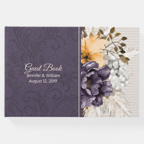 Purple Damask and Fall Flowers Wedding Guest Book