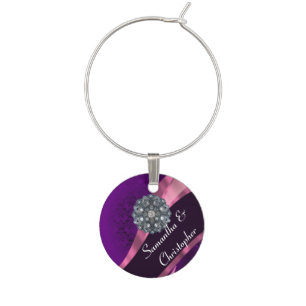Purple damask and gold fleur de lys wine glass charm