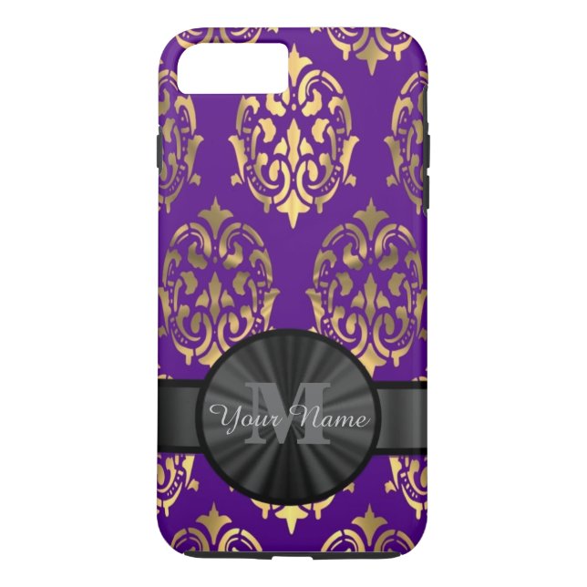 Purple damask and gold personalized monogram Case-Mate iPhone case (Back)