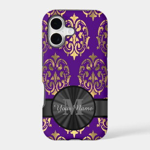 Purple damask and gold personalized monogram iPhone 17 case