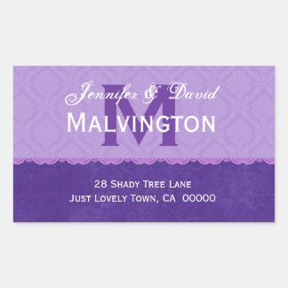 Purple Damask and Lace Wedding Monogram Address Rectangular Sticker