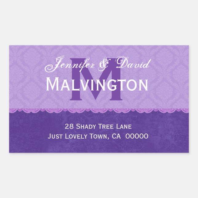 Purple Damask and Lace Wedding Monogram Address Rectangular Sticker (Front)