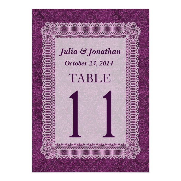 Purple Damask and Lace Wedding Table Number 11 Card