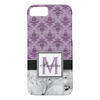 Purple Damask And Marble Monongram Iphone 8/7 Case by CoolestPhoneCases at Zazzle