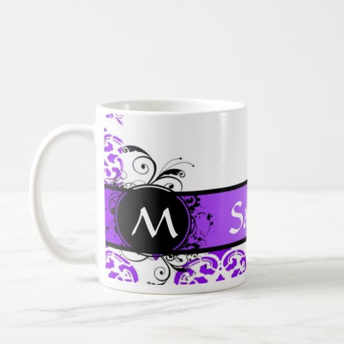 Purple damask and monogram coffee mug