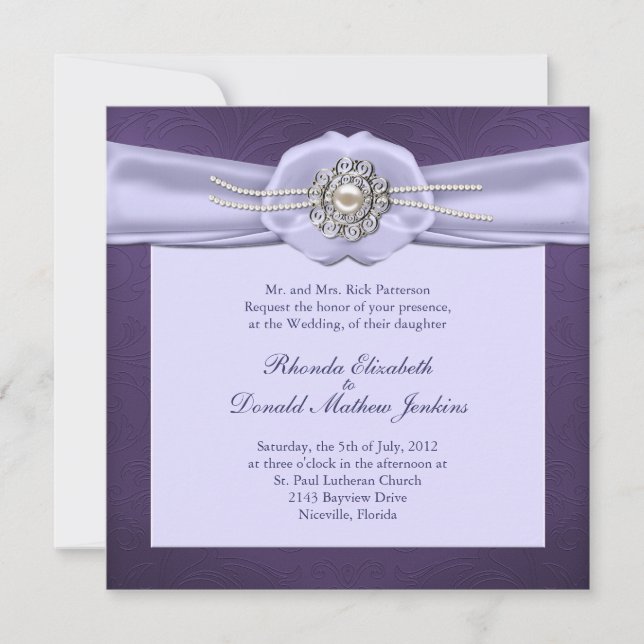 Purple Damask and Pearls Wedding Invitation (Front)