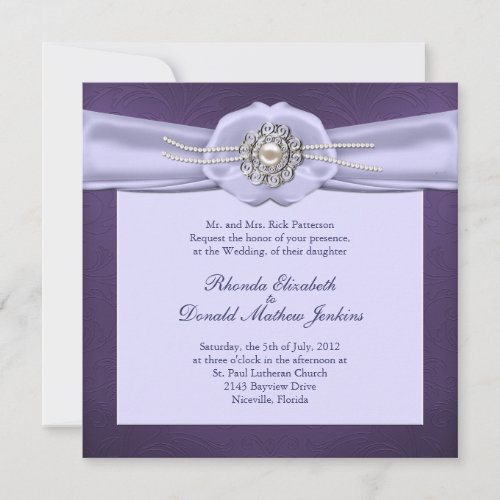 Purple Damask and Pearls Wedding Invitation