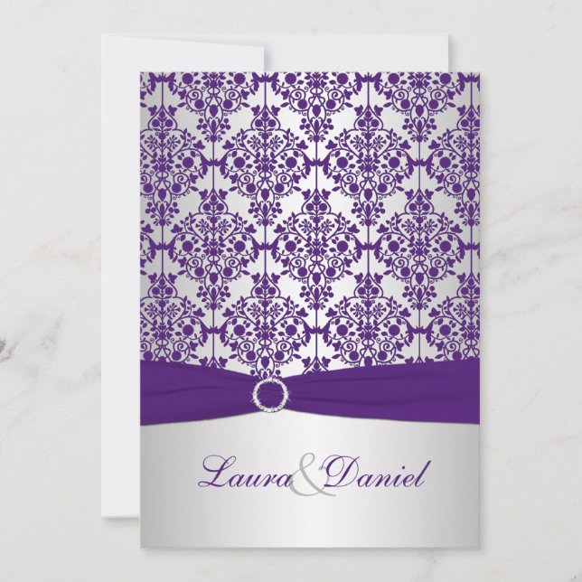 Purple Damask and Silver Wedding Invitation (Front)