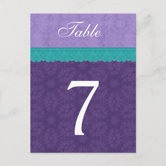 Purple Damask and Teal Lace Table Number Card V01 (Front)