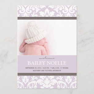 PURPLE DAMASK BABY BIRTH ANNOUNCEMENT