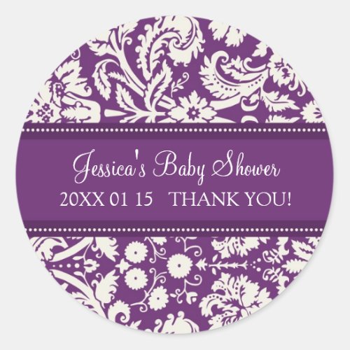 Purple Damask Baby Shower Favor Stickers