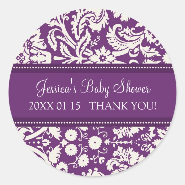 Purple Damask Baby Shower Favor Stickers (Front)