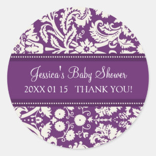 Purple Damask Baby Shower Favor Stickers