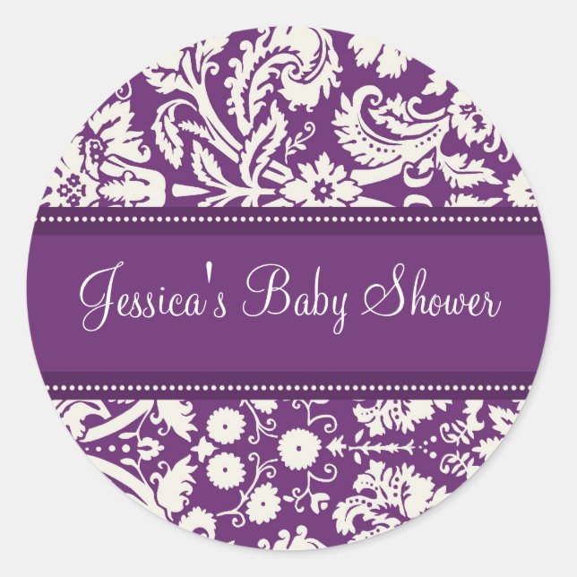 Purple Damask Baby Shower Favor Stickers (Front)
