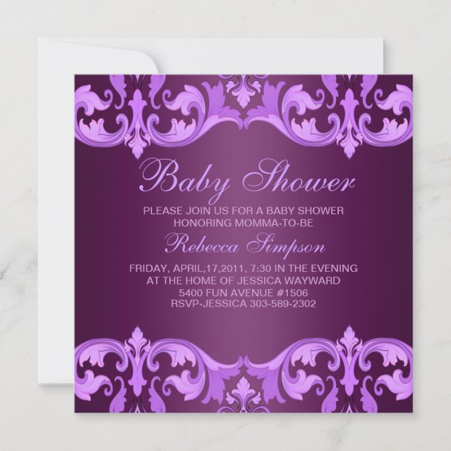 Purple Damask Baby Shower Invitation (Front)