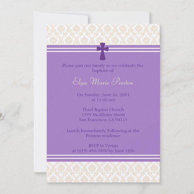 Purple Damask Baptism/Christening Invitation (Front)