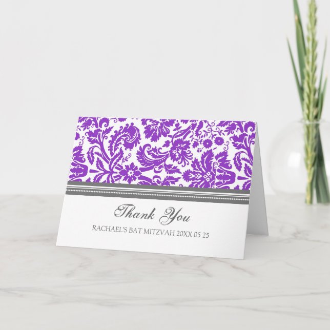 Purple Damask Bat Mitzvah Thank You Card (Front)