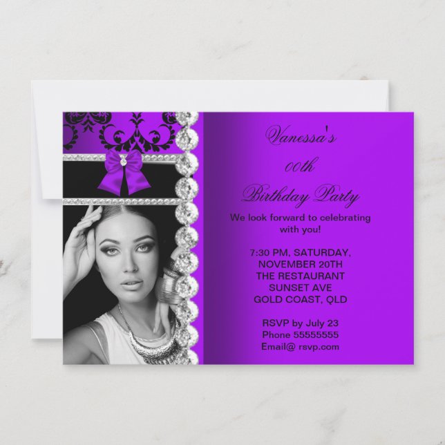 Purple Damask Black Jewel Bow Birthday Photo Invitation (Front)