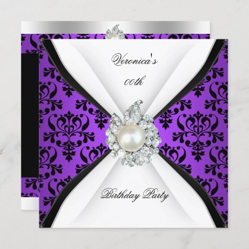 Purple Damask Black White Pearl Diamond Birthday Invitation