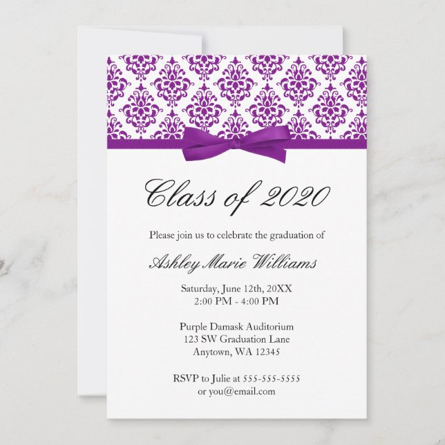Purple Damask Bow Graduation Announcement (Front)