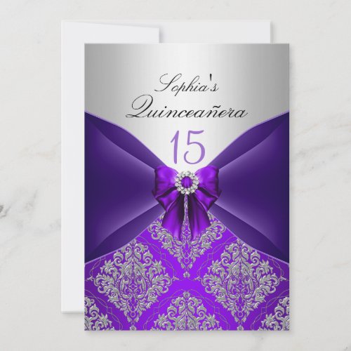 Purple Damask &amp; Bow Quinceanera Announcements