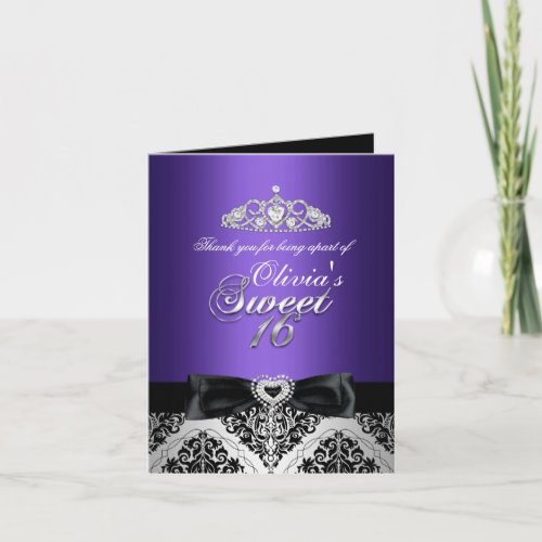 Purple Damask  Bow Sweet Sixteen Thank You Card