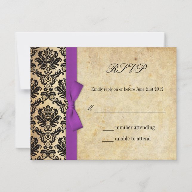 Purple Damask Bow Wedding RSVP Card (Front)