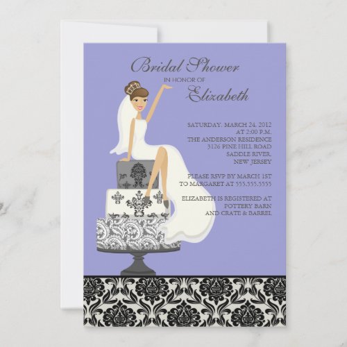 Purple Damask Brunette Bride Bridal Shower Personalized Invitations