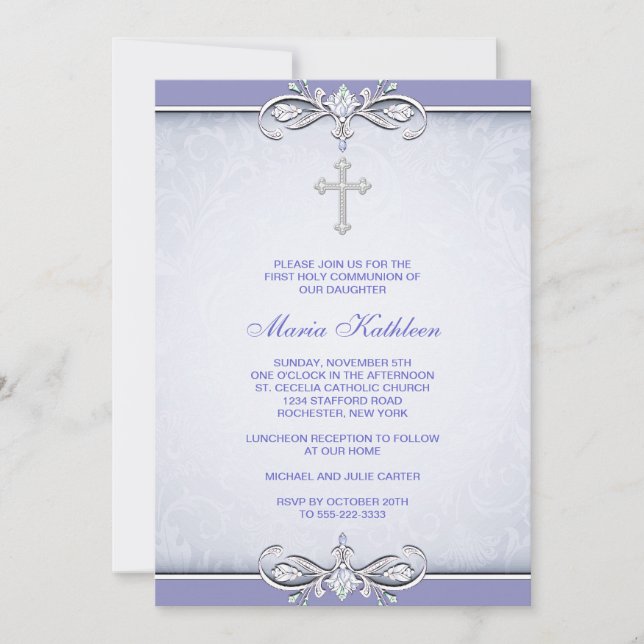 Purple Damask Cross First Communion Invitation (Front)