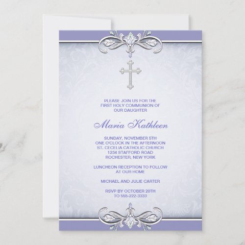 Purple Damask Cross First Communion Invitation