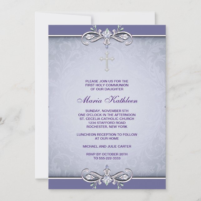 Purple Damask Cross First Communion Invitation (Front)