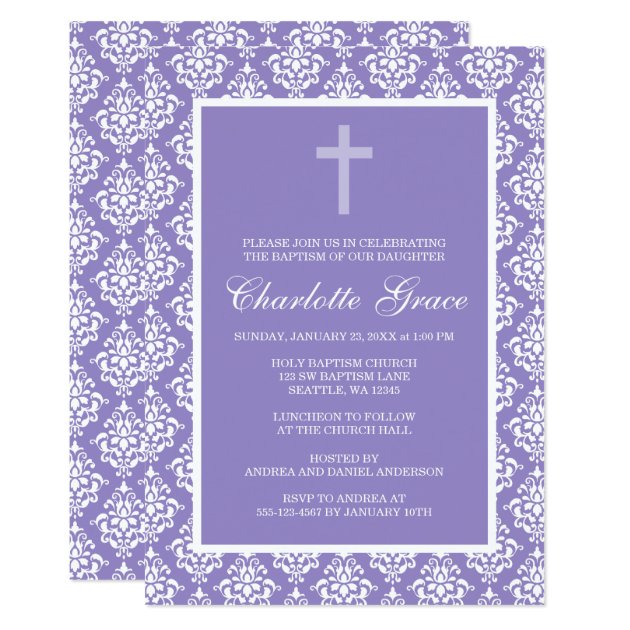 Purple Damask Cross Girl Baptism Christening Invitation